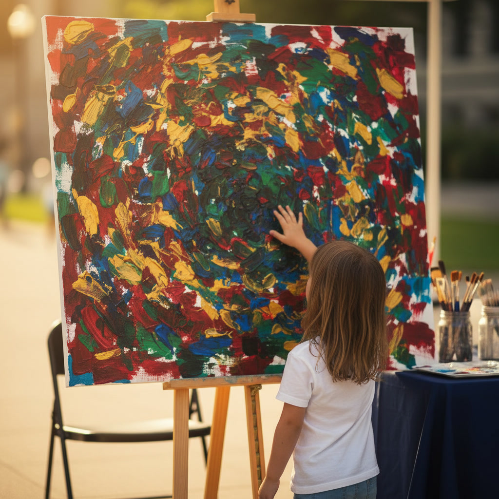 A child adding a brushstroke to a collective canvas