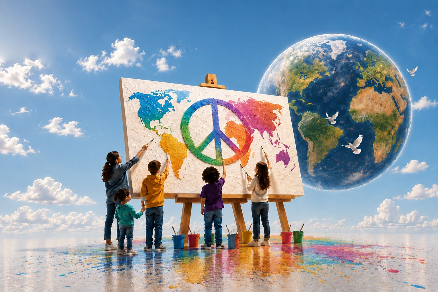 Children painting the world peace canvas